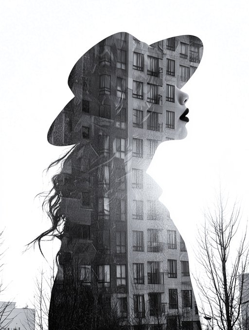 A black-and-white double exposure artwork blending the profile silhouette of a woman wearing a wide-brimmed hat with the image of a multi-story apartment building with numerous windows.