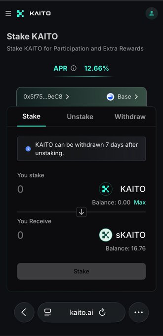 A mobile app screenshot for 'KAITO' showing a 'Stake KAITO' page with an APR of 12.66%. The interface includes tabs for Stake, Unstake, and Withdraw, with balances showing 0 KAITO and 16.76 sKAITO.