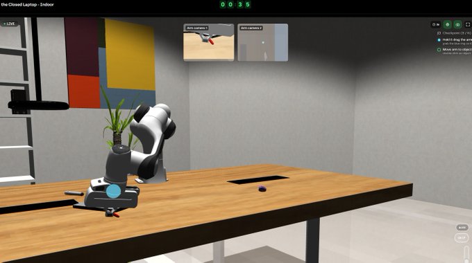 A virtual simulation or video game shows a robotic arm on a wooden table in a sunlit room with a plant and abstract wall art, with camera views and a score counter at the top.