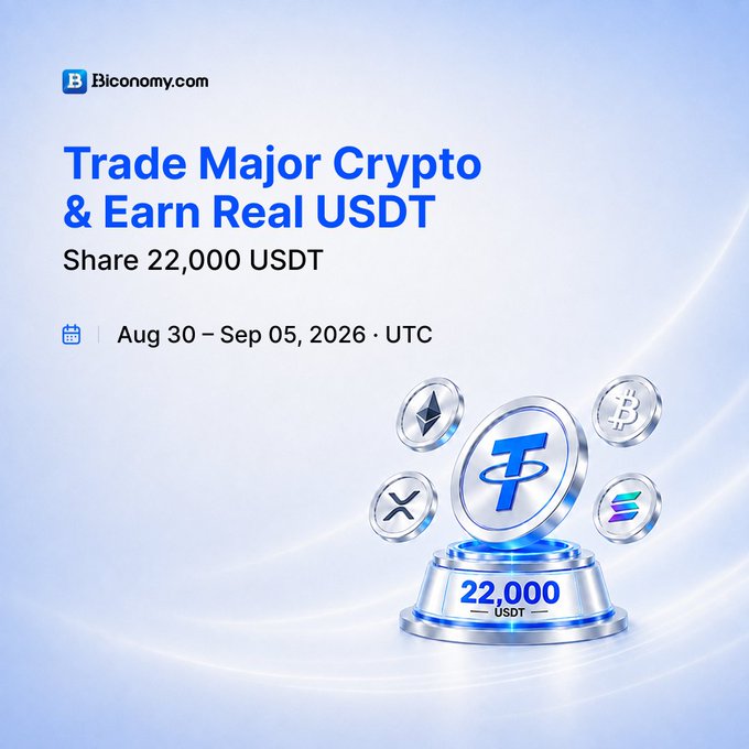 A Biconomy.com advertisement promoting "Trade Major Crypto & Earn Real USDT" with a prize pool of 22,000 USDT running from Aug 30 – Sep 05, 2026, featuring 3D crypto coin illustrations.