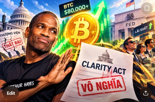 A collage featuring Arthur Hayes with text "BTC $80,000+" and references to the "CLARITY ACT" and "FED," along with Chinese text "VÔ NGHĨA" (meaning "meaningless").