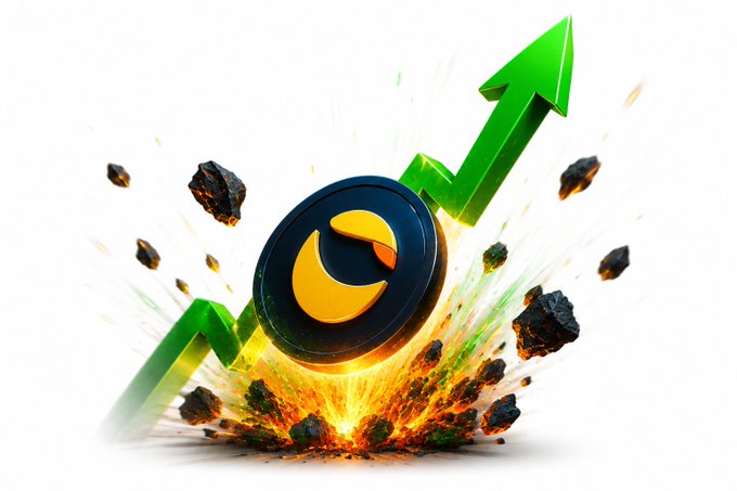 A stylized 3D illustration shows a black and yellow Terra (LUNA) cryptocurrency coin bursting out of the ground amid rocks and an explosion, with a green upward trending arrow in the background.