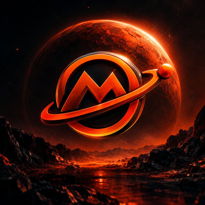 A glowing MarsChain logo—featuring the letter "M" with an orbital ring—is superimposed against a fiery red Martian landscape with a large planet looming overhead, visually reinforcing the brand's space-themed identity as the post explains MarsChain's Proof of Contribution consensus mechanism.