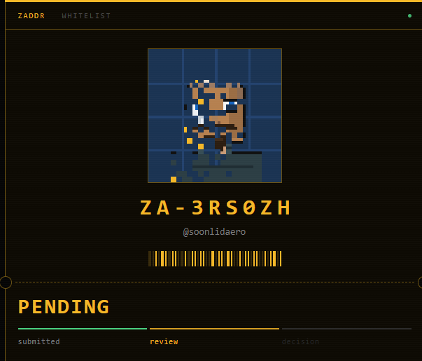 A "ZADDR WHITELIST" application status screen showing ticket "ZA-3RS0ZH" under the username @soonlidaero with a pixelated avatar, currently in the "review" stage of the submitted-to-decision pending process. The image visually represents the whitelist application mentioned in the post for accessing the Zcash shielded address whitelist.