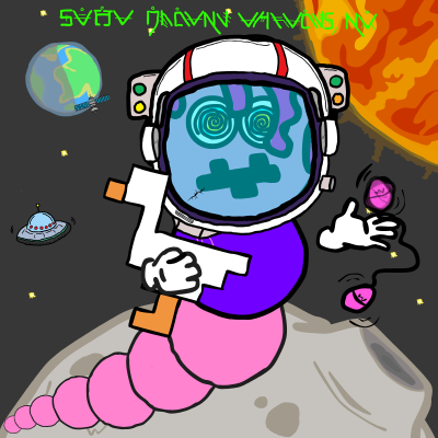 A cartoon astronaut with a purple and pink worm-like body sits on a moon holding a large white key, surrounded by floating mask icons and a UFO, with green alien-like text at the top.