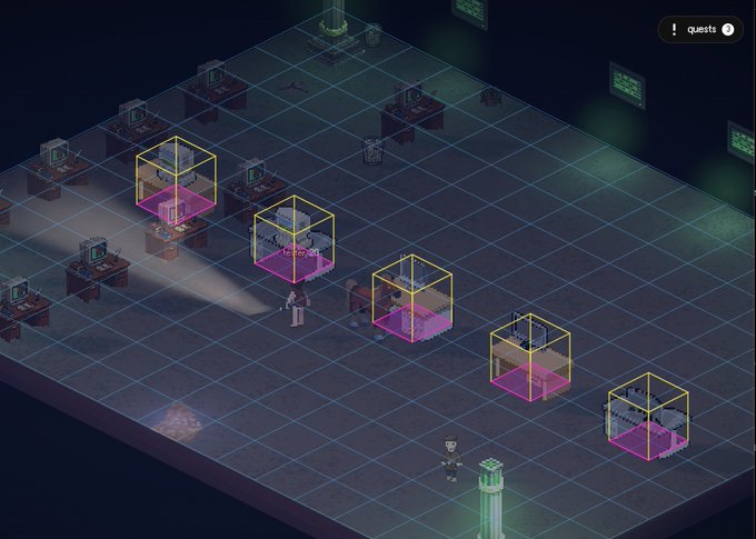 An isometric stealth game screenshot showing a character with a flashlight in a dark office environment with grid-based movement and highlighted yellow/pink detection zones.