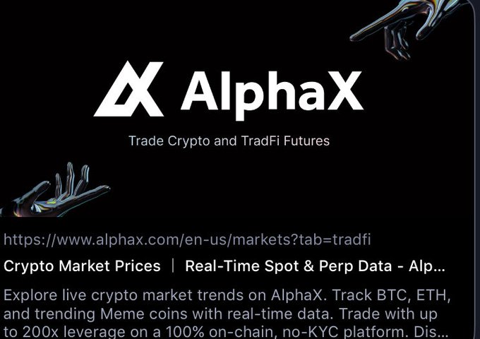 The image shows a Google search result for AlphaX with the tagline "Trade Crypto and TradFi Futures," highlighting features like 100% on-chain, no-KYC trading and up to 200x leverage across spot and perp markets—directly illustrating the post's emphasis on AlphaX's frictionless, privacy-focused onboarding experience.