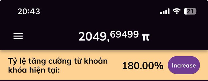 A mobile app screenshot showing a Pi balance of 2,049.69499 π with a 180.00% increase in mining rate ('Tỷ lệ tăng cường từ khoản khóa hiện tại').