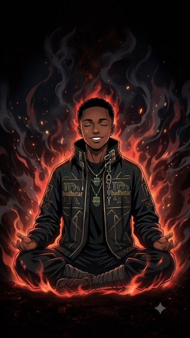 A digital illustration of a young man meditating in a lotus position, dressed in a black outfit with 'badbutar' written on the jacket, surrounded by flames and glowing embers against a dark background.