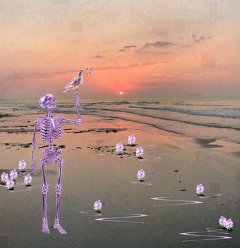 A skeletal figure stands on a beach at sunset, holding what appears to be a flower or coral in one hand, gazing at the setting sun over the ocean while surrounded by crystalline forms along the shore—reflecting the contemplative theme of "The Birth of Inner Peace at Sunset" and the message that peace must begin within.