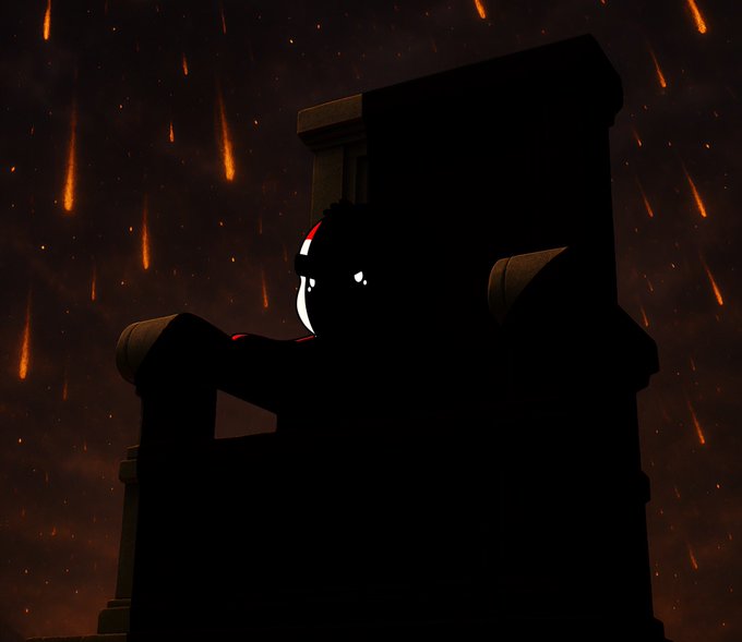 A dark silhouette of a character with glowing white eyes sitting in a chair, set against a dramatic background of falling orange embers or meteors.
