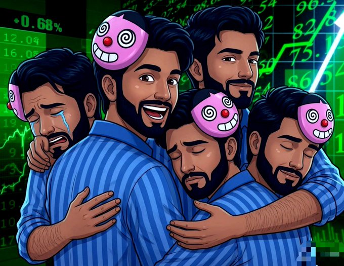A cartoon illustration of four men in blue striped shirts hugging, with two wearing pink hypnotic swirl masks, set against a background of green stock market charts and numbers, including '+0.68%'.