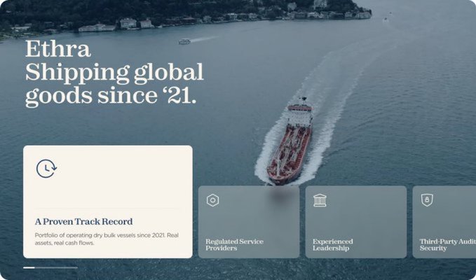 A promotional webpage for "Ethra" shipping global goods since '21, featuring a ship on water and sections like "A Proven Track Record" and "Regulated Service Providers".