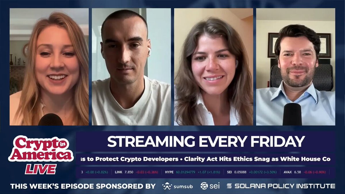 The image features a poster for a podcast called "Streaming Every Friday". The poster includes four photos of people, each with their own unique facial expression. The hosts of the show are featured prominently at the top left corner of the poster. The text on the poster reads "Streaming Every Friday" and " crypto. america is protected by the BRCA in protecting and advancing open-source development".
