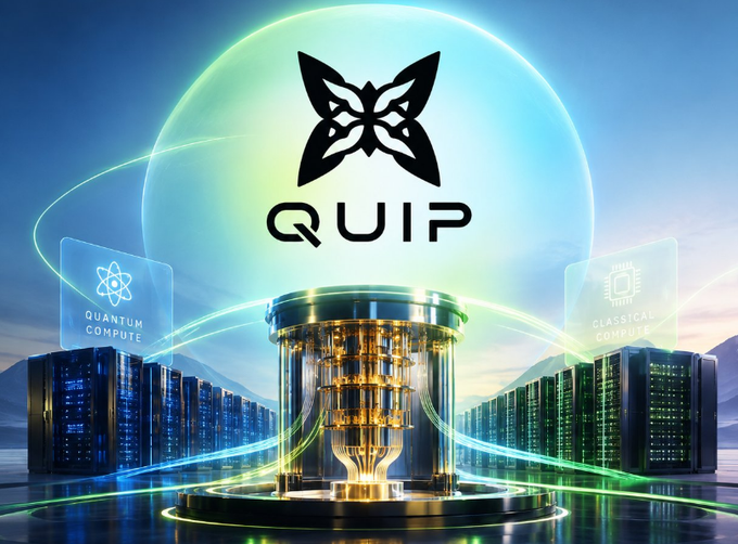 A promotional graphic featuring the "QUIP" logo with a butterfly emblem, set against a futuristic background showcasing both quantum and classical computers connected by glowing energy lines.