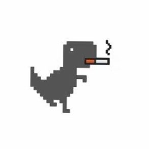 A pixel art T-Rex dinosaur is shown smoking a cigarette, a recognizable icon of the Chrome browser's offline "no internet" dinosaur game (the endless runner referenced in the post, which debuted in September 2014). The post compares the game's massive global recognition to Google's brand power, arguing that $DINO token could achieve similar multi-trillion-dollar success.