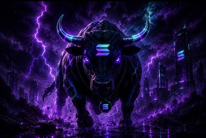 A powerful, dark bull with glowing purple eyes and neon-rimmed horns charges forward through a stormy, purple-lit cyberpunk cityscape, with the Solana logo emblazoned on its forehead and a Solana pendant hanging from its neck—capturing the bullish momentum of the Solana cycle.