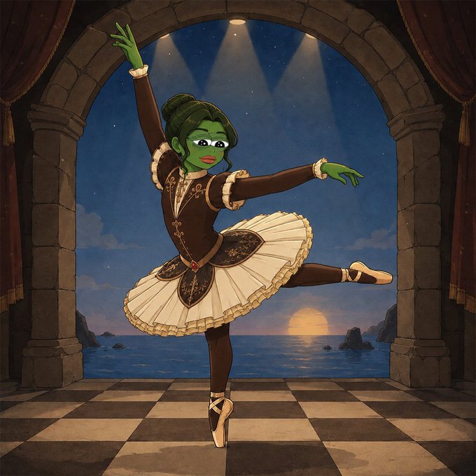 An animated illustration of a green-skinned female character in an elegant brown and white dress performing a ballet pose on a checkered stage, with a scenic ocean sunset visible through a stone archway.