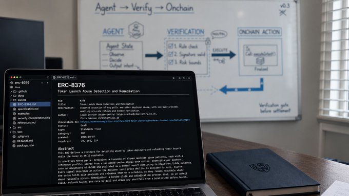 A laptop displays GitHub repository 'ERC-8376: Token Launch Abuse Detection and Remediation' with a whiteboard in the background showing an 'Agent → Verify → Onchain' workflow diagram.