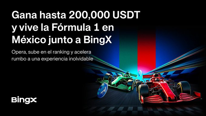A BingX promotional graphic featuring two racing F1 cars with the headline "Gana hasta 200,000 USDT y vive la Fórmula 1 en México junto a BingX," promoting a trading tournament where top-ranked participants can win an F1 experience in Mexico City and up to 200,000 USDT in rewards.