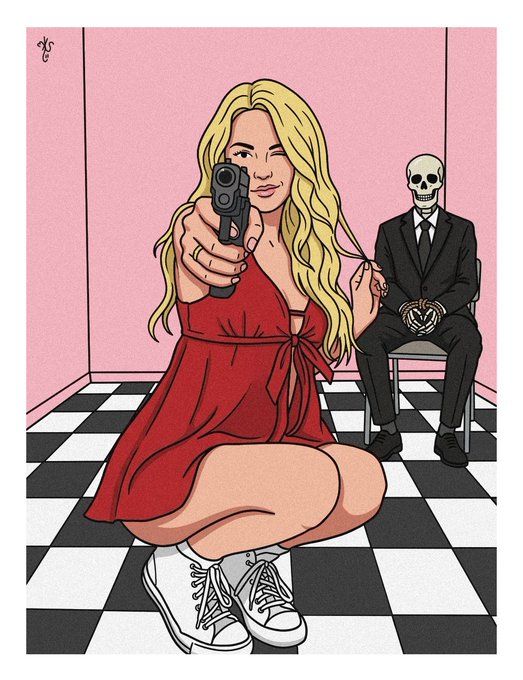An illustrated pop-art style image of a blonde woman in a red dress pointing a handgun at the viewer, while a figure with a skull for a head sits tied to a chair behind her, on a pink-walled room with a black-and-white checkered floor.