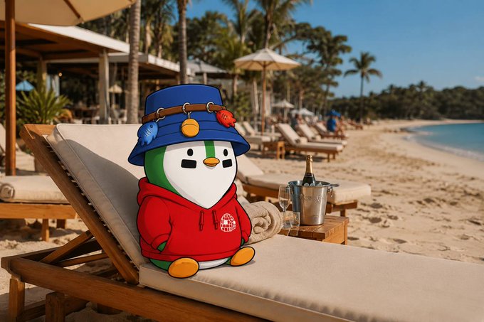 A cartoon penguin character wearing a blue bucket hat with badges and a red hoodie, lounging on a beach chair with a champagne bucket beside it at a tropical resort.