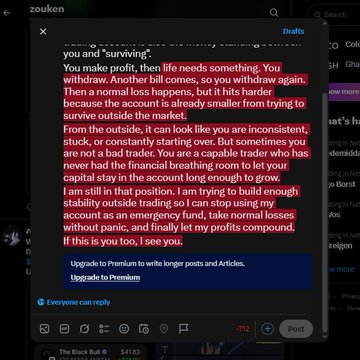 A Twitter draft on a dark interface contains highlighted text about traders struggling with consistent profitability and account stability, with the visible ticker "$ANSEM" and Premium upgrade prompt connecting to the accompanying post about trading while balancing survival needs.