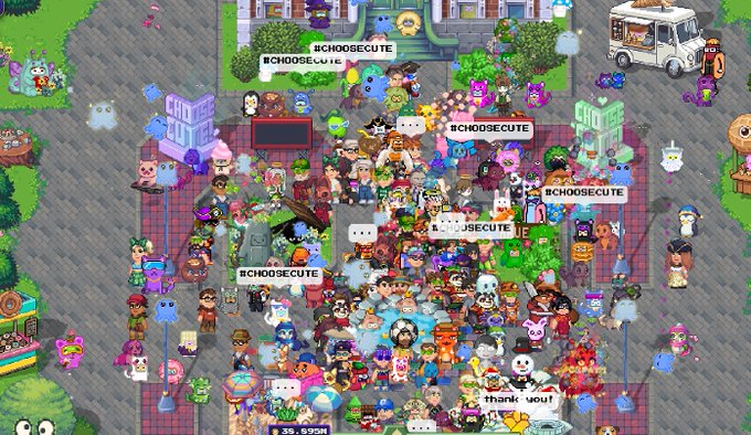 A chaotic pixel art scene from Pixels Online shows dozens of cartoon avatars densely packed in a town square, with chat bubbles repeatedly shouting "#CHOOSECUTE" and one user saying "thank you!"—capturing the viral rallying cry described in the post.