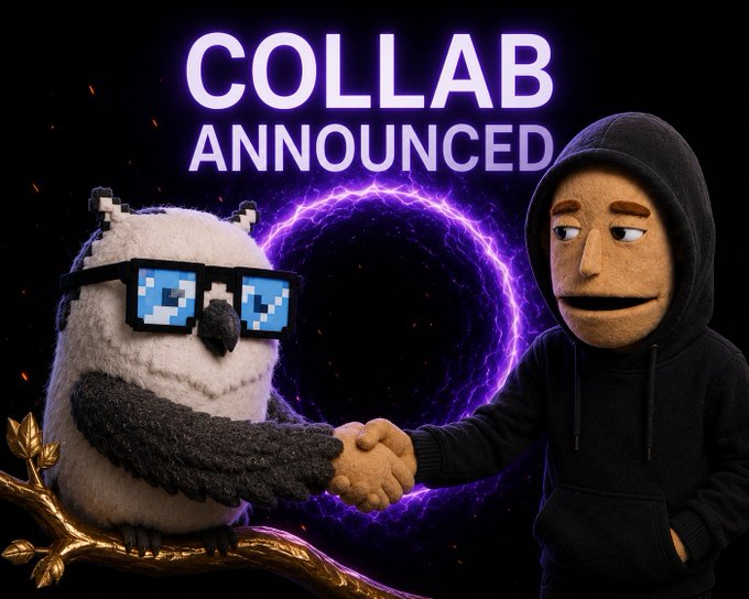 The image features a man wearing glasses, holding a stuffed owl toy, and shaking hands with another person who is also wearing glasses and has a stuffed animal attached to their shirt. The background of the image is black, but there are purple lights shining on them, creating an interesting visual effect. The post announcing the collaboration between the two people includes text that reads "collab announced", indicating that they have officially joined forces or started working together.