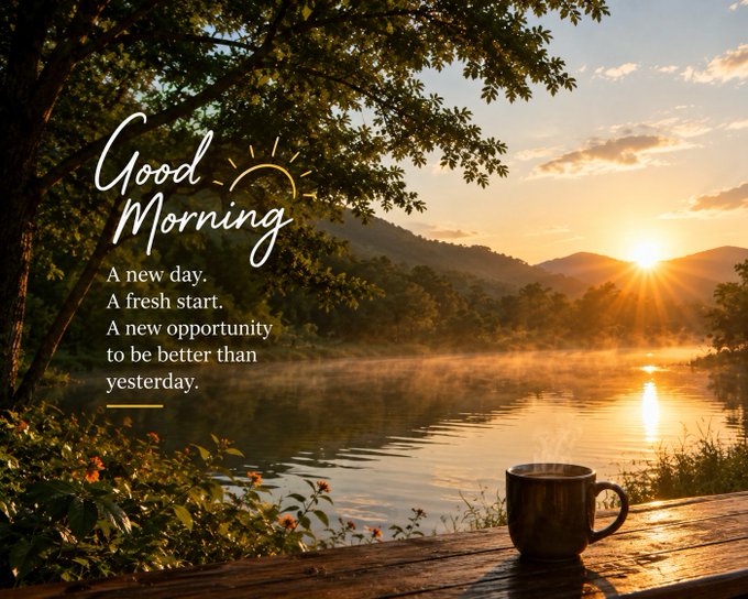 The image shows a serene and beautiful morning sunrise over a landscape. 

The accompanying text says: "Good Morning, A new day, a fresh start, a new opportunity to be better than yesterday."