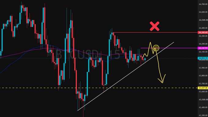 The image displays a BTCUSD 15-minute candlestick chart where price is consolidating around the $64,000 level, with technical annotations showing a red "X" marking resistance near $64,346 and a yellow arrow indicating an expected sharp drop toward $63,667 following a potential fakeout rally, visually reinforcing the post's bearish hypothesis.