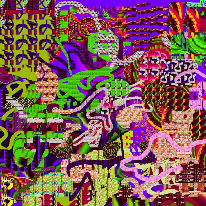 A chaotic, glitch-art style image featuring a dense collage of vibrant neon patterns, pixelated textures, and abstract shapes in bright greens, purples, oranges, and pinks.