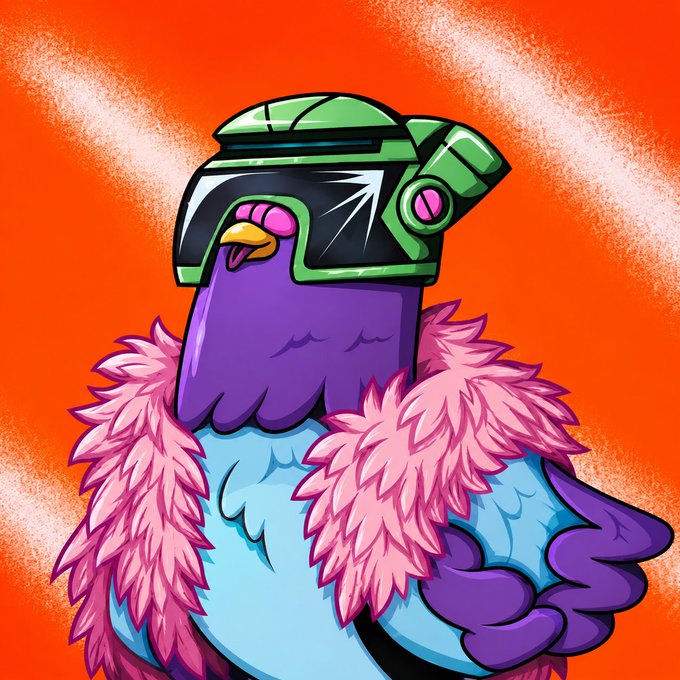 The image features a cartoon bird with a pink and blue outfit, wearing a helmet that has a green visor. The bird appears to be standing against an orange background, which adds a vibrant touch to the scene. The caption provided after the image highlights the importance of utility in art, as it is the creator's ability to engage their audience through their work that makes a collection stand out and remain relevant over time.