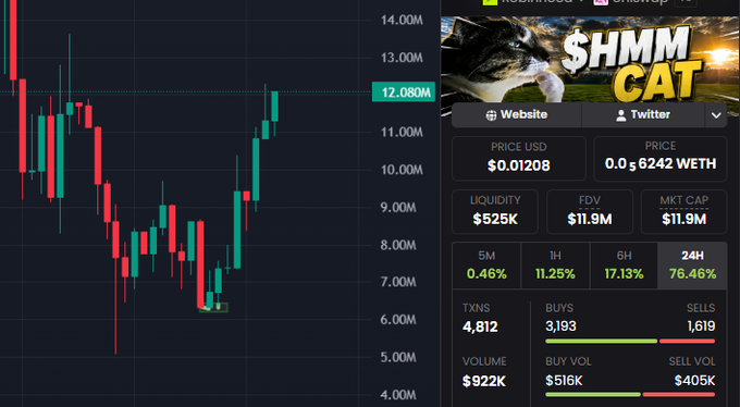 A trading interface showing a candlestick chart with a price level of 12.080M, alongside token information for '$HMM CAT' priced at $0.01208 USD or 0.006242 WETH, with 11.9% gains over 1 hour and 76.46% gains over 24 hours.