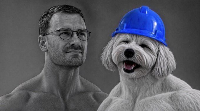 Black and white illustration of a shirtless man with glasses next to a smiling fluffy dog wearing a blue hard hat.
