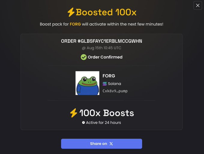 An order confirmation screen shows a 'Boosted 100x' purchase for FORG on the Solana network (token address Cxk8v9...pump), valid for 24 hours, with a 'Share on X' button.