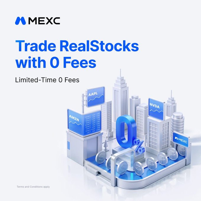 A MEXC promotional graphic advertises “Trade RealStocks with 0 Fees” and “Limited-Time 0 Fees,” with AAPL, AMZN, and NVDA ticker signs and a large blue “0%.”