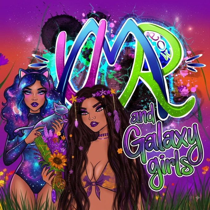 Vibrant digital artwork featuring two stylized female figures with cosmic, galaxy-themed designs and the text 'LMR and Galaxy girls' displayed prominently.