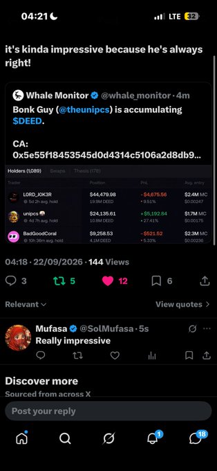 A mobile screenshot of an X/Twitter post from @whale_monitor showing a 'Bonk Guy' accumulating $DEED, with a follower list showing positions in $LORD_JOKJR, unipcs, and BadGoodCore.