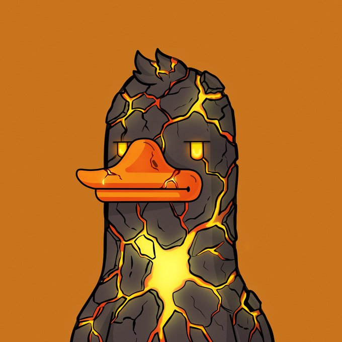 A digital illustration of a rock creature resembling a character with an orange duck bill, made of cracked black stone with glowing yellow and orange lava-like lines running through it, set against a solid orange background.
