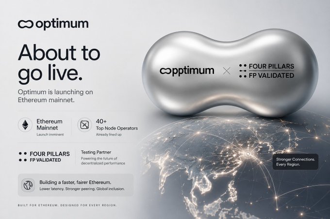 A promotional graphic announces "Optimum is launching on Ethereum mainnet," featuring a sleek silver pill-shaped object displaying "Optimium × Four Pillars FP Validated" above a glowing network globe, with icons highlighting the Ethereum Mainnet launch, 40+ top node operators, and FP Validated status. The tagline "About to go live" reinforces the mainnet debut message.