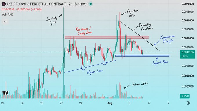 A 2-hour candlestick chart of AKE/USDT perpetual contract on Binance shows price at $0.0042166 (-4.66%), annotated with a liquidity spike, rejection wick near 0.0065, descending resistance line, compression triangle, higher lows trendline, and a support zone around 0.0040, visually confirming the post's description of AKE coiling within a descending resistance and higher lows structure after a sharp rejection.