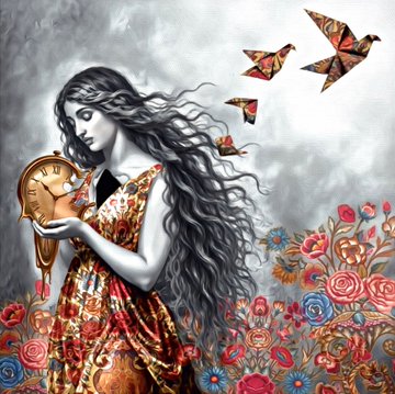 A surreal black-and-white artwork of a woman with flowing hair holding a melting clock, adorned with colorful floral patterns and surrounded by origami butterflies.