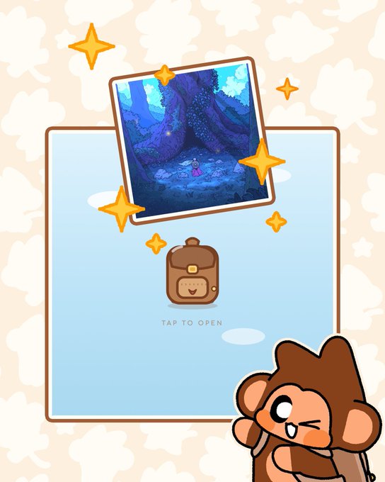A cartoon illustration featuring a cute monkey character winking next to a digital card showing a fantasy forest scene and a backpack icon with the text 'TAP TO OPEN', suggesting a mobile or NFT-based reveal mechanic.
