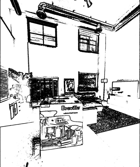 A sketch-like, high-contrast black and white rendering of a kitchen scene featuring a large "Breville" appliance box as the central focus, with cabinets, windows, and kitchen counters visible in the background.

The image relates to the "GM" caption as a minimalist, monochromatic artistic interpretation of a kitchen environment, possibly emphasizing the Breville-branded product as the main subject within the domestic space.
