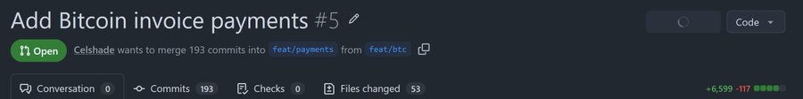 A GitHub pull request titled 'Add Bitcoin invoice payments #5' that is open, showing a merge of 193 commits into 'feat/payments' from 'feat/btc' by user 'Celshade'.