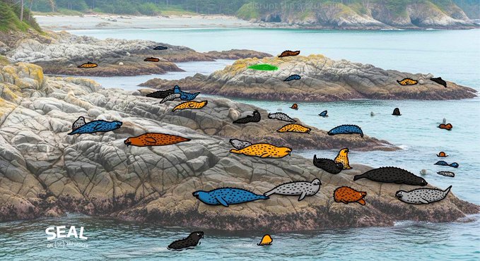 An illustrated coastal scene with watercolor-style coloring shows numerous colorful fish (blue, orange, brown, spotted) gathered on rocks and in the water, labeled 'SEAL and Sea creatures'.