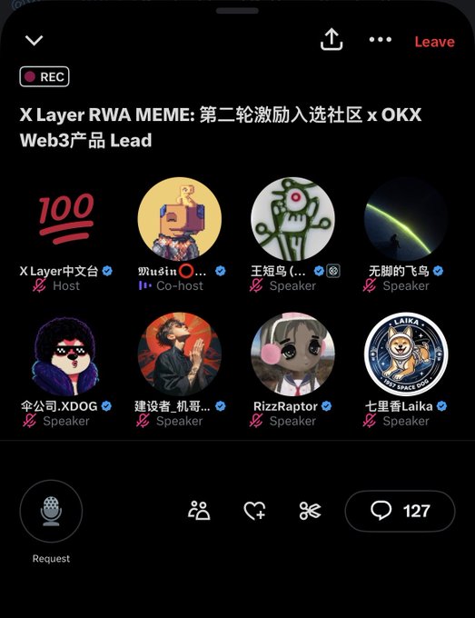 A mobile app screenshot of a Twitter/X Space titled 'X Layer RWA MEME: 第二轮激励入选社区 x OKX Web3产品 Lead' showing eight speaker avatars with names like 'X Layer中文台', 'Musin', and 'Laika', with 10k+ likes and comments.