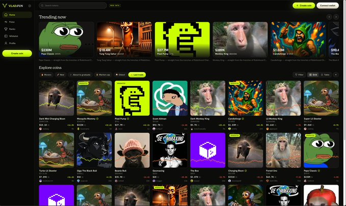 The image shows a VyloFun cryptocurrency trading interface featuring a "Trending now" row with coins like $230M Dork Lord, $18.4M Doge Father, $27.7M Pepi Pump, $389K Monkey King, and $1.02M CamelBurg, followed by an "Explore coins" grid displaying various meme tokens including Duck Wif Charging Busan ($10.3K), Mosquito Mummy, Pepi Pump, Scam Altman, and others with real-time price data.

The screenshot demonstrates the platform's updated UI with the full trending row, graduated coins, live rankings, and movers filter as described in the post.