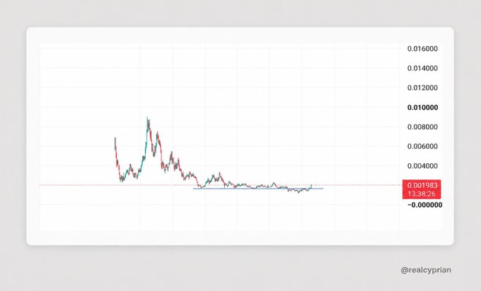 A cryptocurrency price chart with values ranging from -0.000000 to 0.016000, showing a spike and decline pattern, with the current price at 0.001983, watermarked '@realcyprian'.